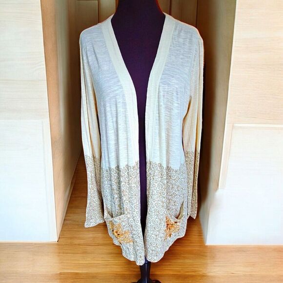 Logo Lori Goldstein Cream Embroidered Open Front Cardigan Size M Lightweight - Picture 1 of 8